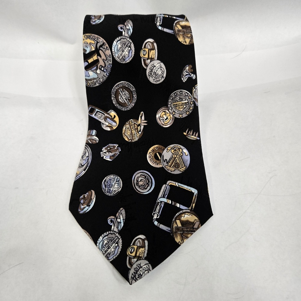 Nicole Miller 1994 Harley Davidson Silk Tie Mens Black Motorcycle Pins Graphic